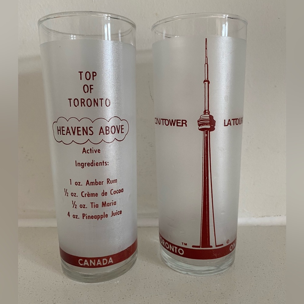 CN Tower Souvenir Highball Glass x 2 Frosted "Top Of Toronto" "Heavens Above"